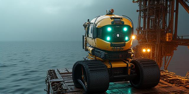 Robot autónomo realizando inspección en plataforma offshore